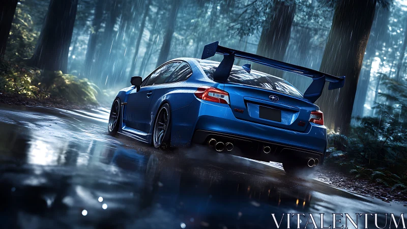 Blue tuner car waits in a rain-soaked cinematic forest road
