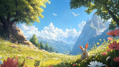 Sunlit bunny council in a wildflower mountain daydream.