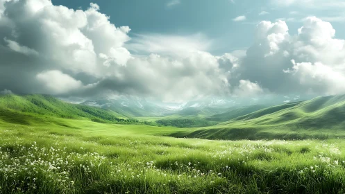 Extensive green grassland with distant hills under clouds.