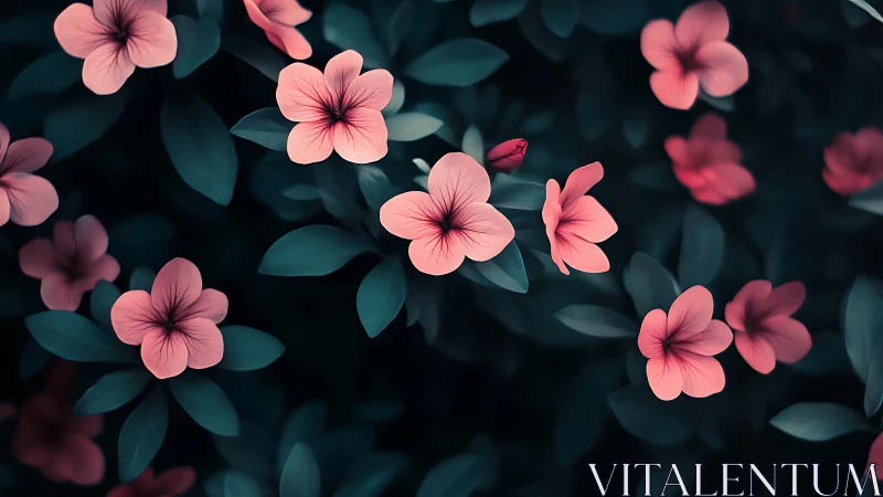 Coral Petals Dance in Teal Shadows. Moody Garden.