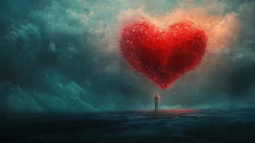 Solitary Figure Contemplating Massive Luminescent Cardiac Form.