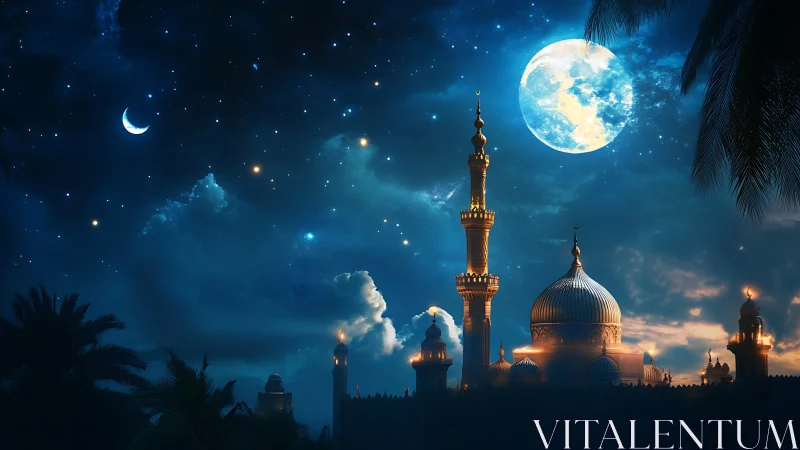 Night sky over illuminated domes and minarets is depicted