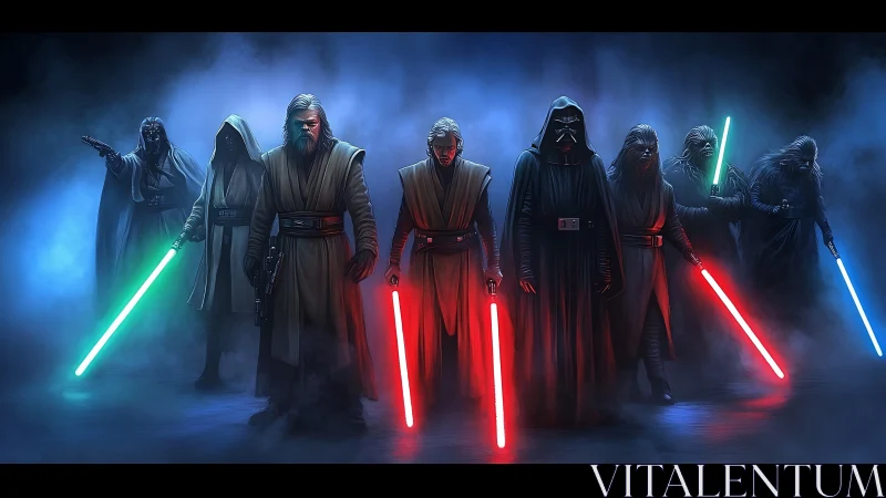 Cinematic robed warriors with colored energy blades in foggy void