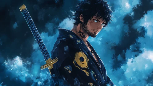Calm swordsman gazes ahead in swirling moonlit blues.