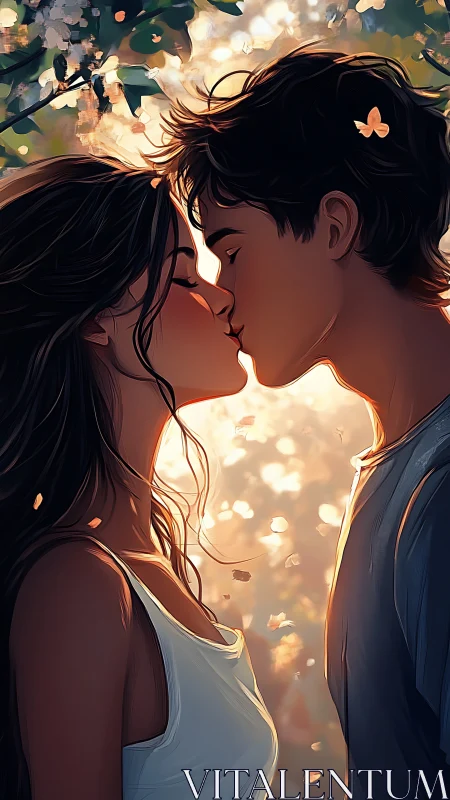 Two figures kissing amid golden light and floating foliage