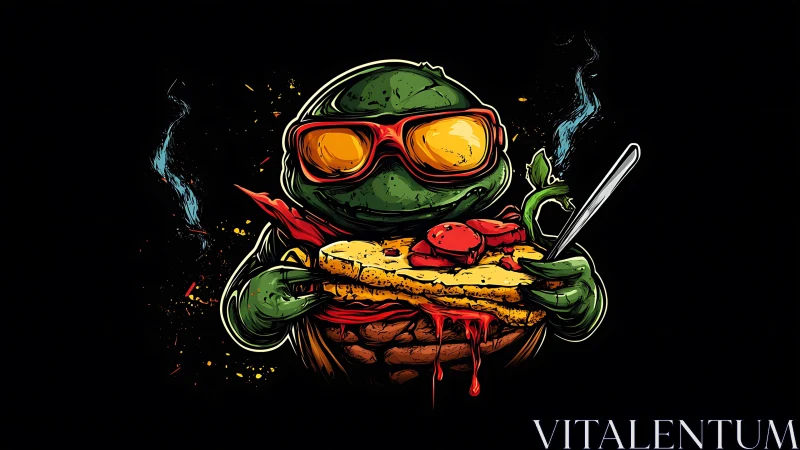 Cartoon turtle in goggles holds dripping sandwich with neon accents