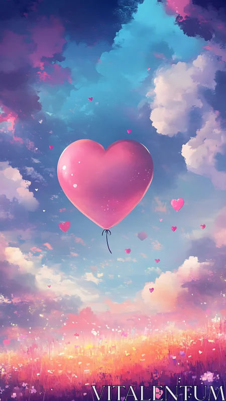 Floating Heart Balloon Drifts Through Cotton Candy Skies.