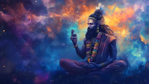 Meditating figure in cosmic landscape with vivid nebula clouds.