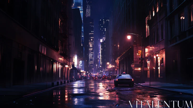 Rainy neon city street at night with lone taxi cab.