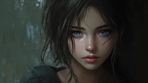 Low-key digital portrait of teal-eyed girl, specular rendering.