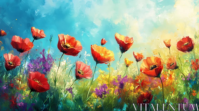 Red Poppies Dancing Against Turquoise Sky.