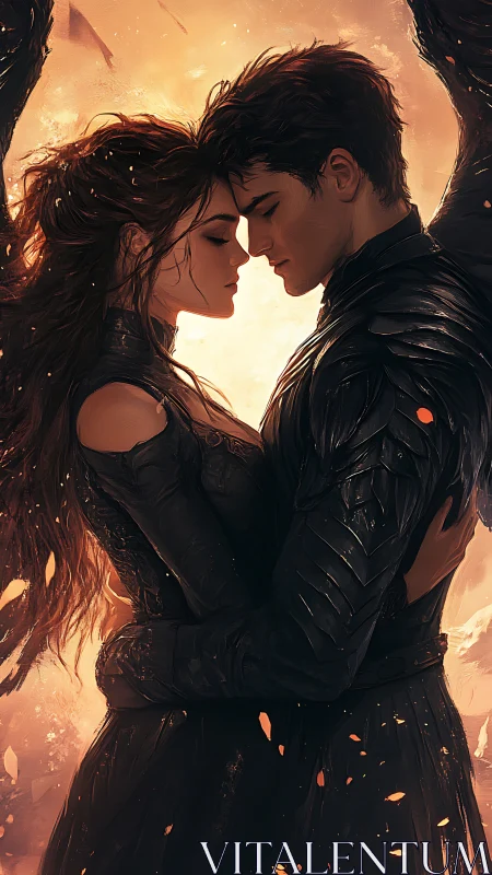 Intimate silhouettes embrace within luminous golden inferno environment.