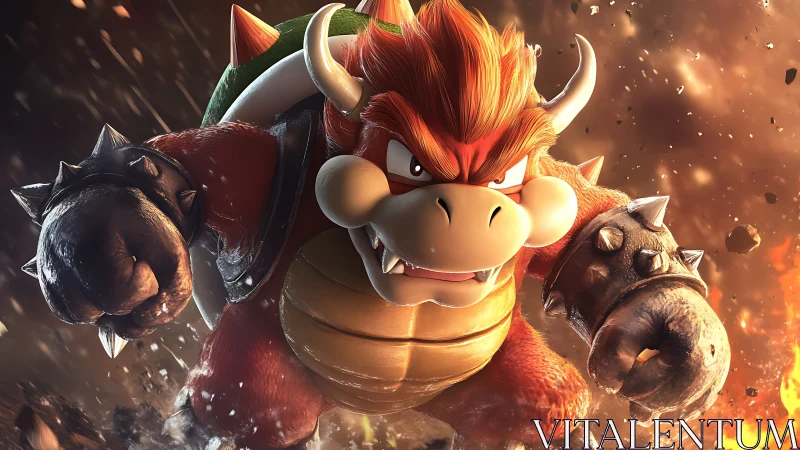 Fiery armored monster charges through explosive battlefield.