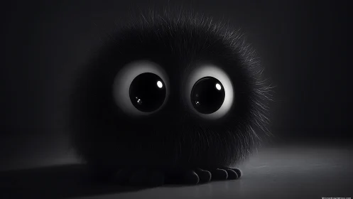 Soft black fluffball with oversized eyes in low-key light.