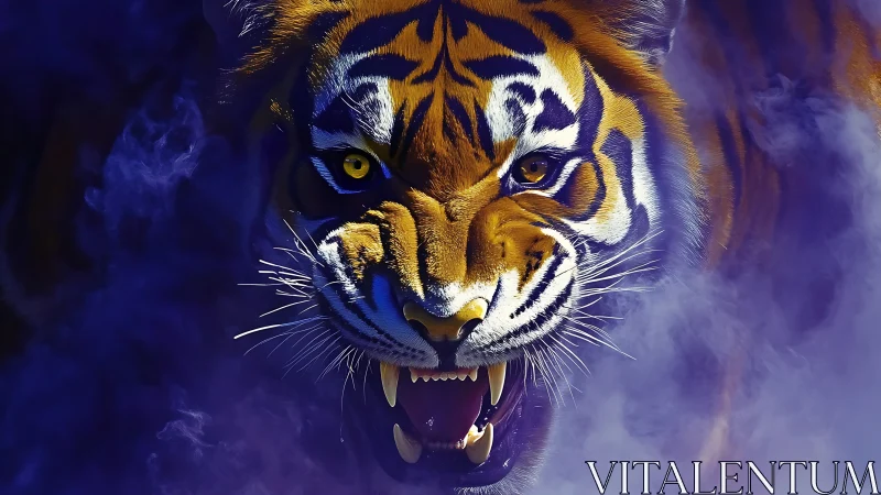 Digitally rendered tiger head emerges from dense purple fog