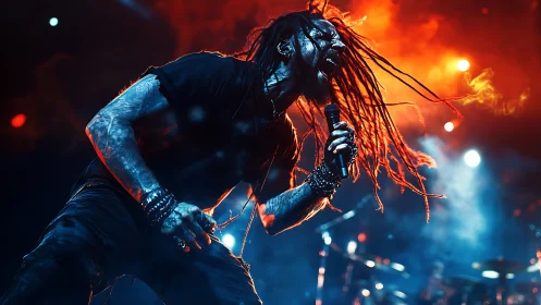 High-intensity metal vocalist with dreadlocks under dual-color lights