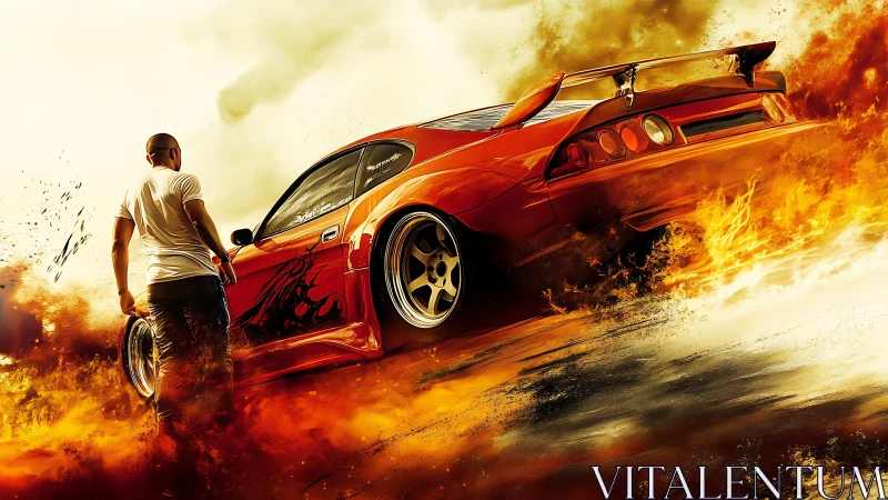 Driver with tuned orange sports car amid firestorm.