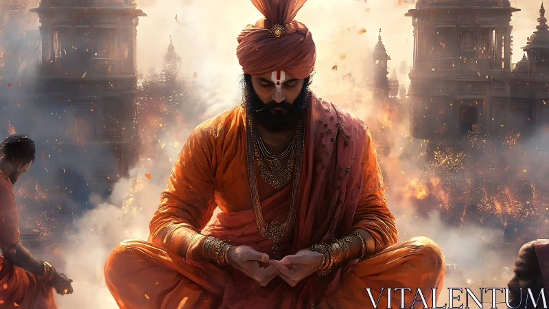 Meditative warrior-priest amid incendiary temple skyline.