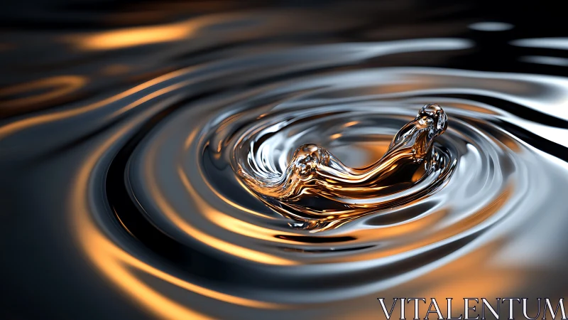 Metallic liquid droplet forms ripples on reflective surface.