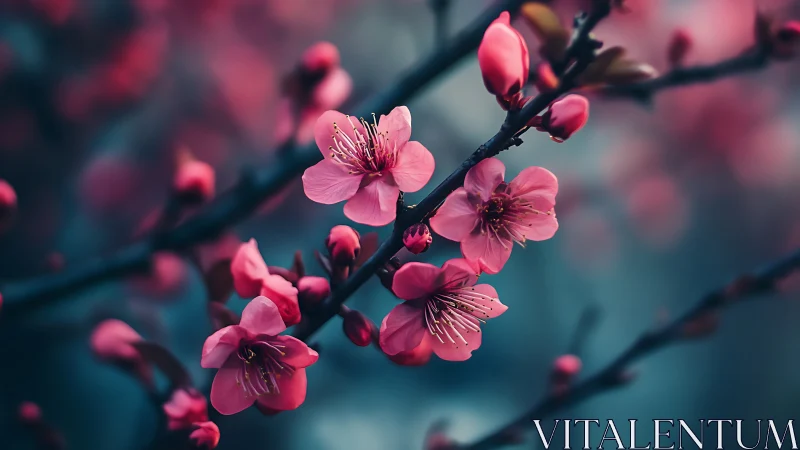 Pink cherry blossoms on dark branch spring bloom detail.