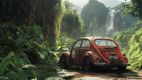 Rusty compact car in dense tropical gorge landscape.