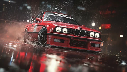 Red BMW drift machine carves wet neon city street.