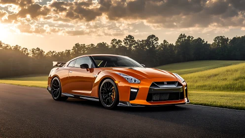 Orange sports coupe is parked on a rural asphalt roadway