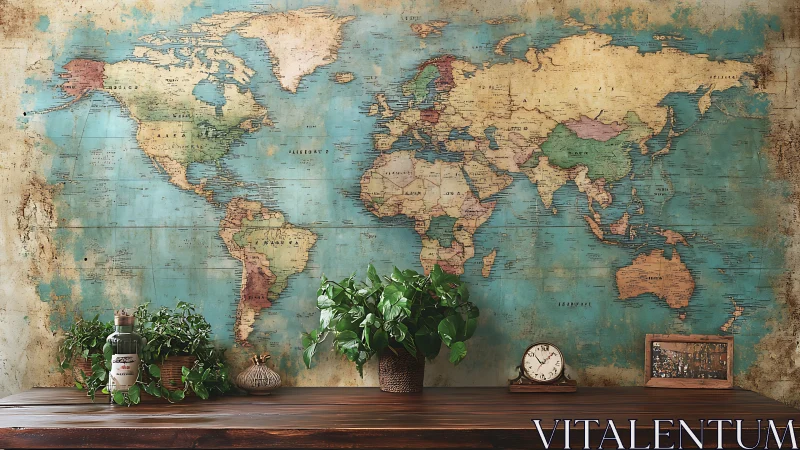 Vintage style world map mural above wooden table surface.
