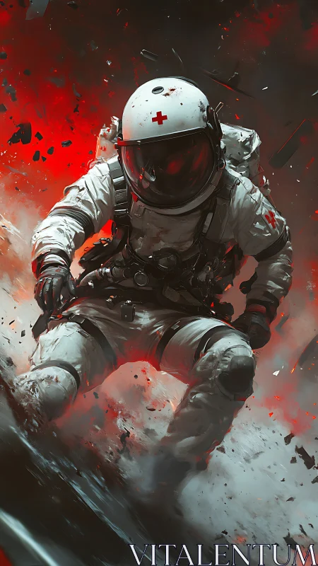 Combat medic astronaut charging through explosive debris.