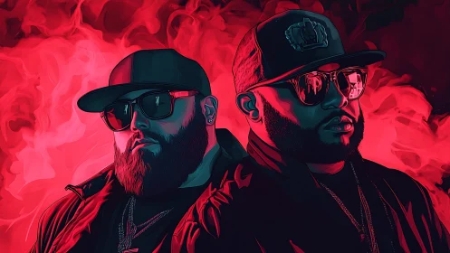 Twin titans of neon smoke swaggering under crimson skies.