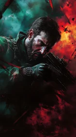 Tactical soldier portrait amid teal and inferno-red clouds.