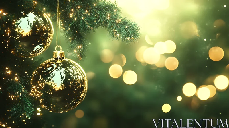 Golden Christmas ornaments with glowing holiday bokeh background.