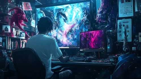 Nighttime digital dreamer surrounded by glowing cyber art.