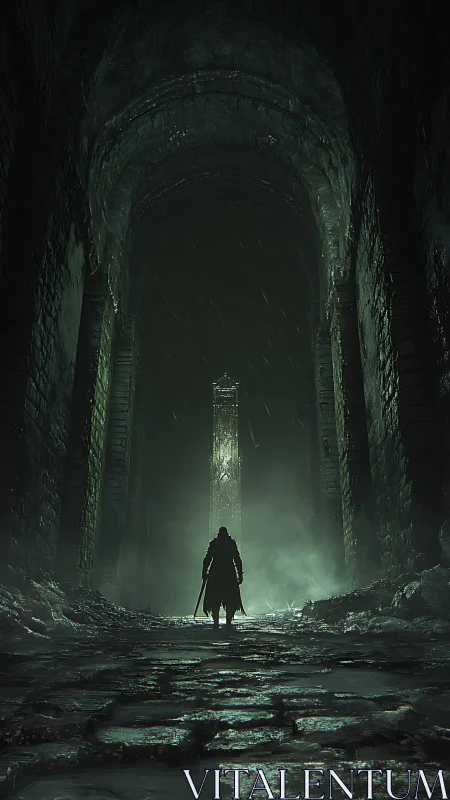 Solitary warrior framed in misty gothic stone corridor.