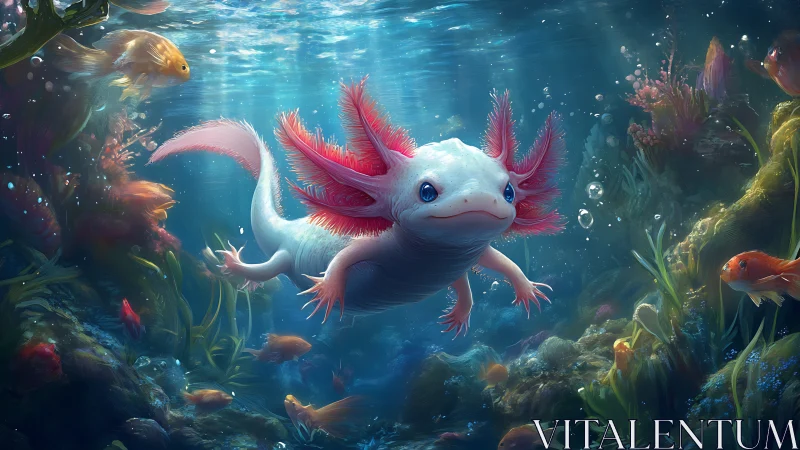 Bioluminescent axolotl gliding through refracted reef light.