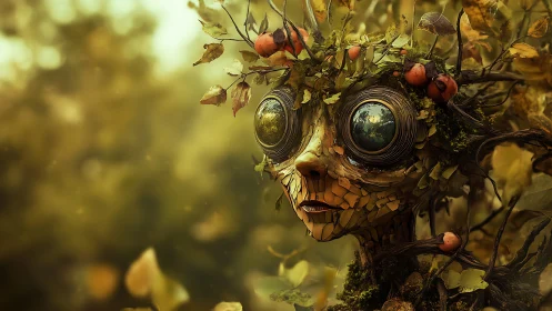 Forest spirit with leaf mask and glassy eyes gazes outward.