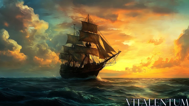 Tall ship sails toward a blazing sunset over open ocean