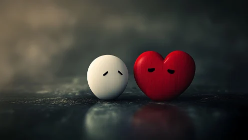 White sphere and red heart shapes express contrasting emotions