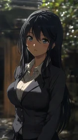 Serious dark haired office woman standing outdoors portrait.