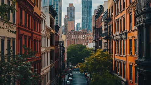 Historic city street canyon with modern skyline contrast.