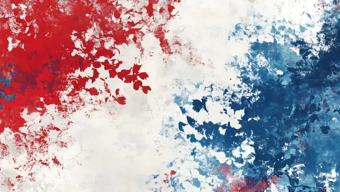 Red and blue abstract foliage spreading across white field.
