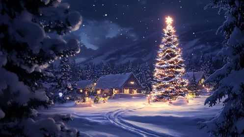 Snowy village glows around towering lit Christmas tree.