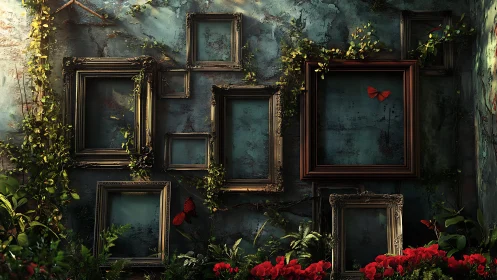 Empty vintage frames on ivy wall with red butterflies.