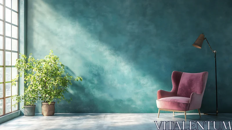 Sunlit teal wall with pink velvet lounge chair and potted plant