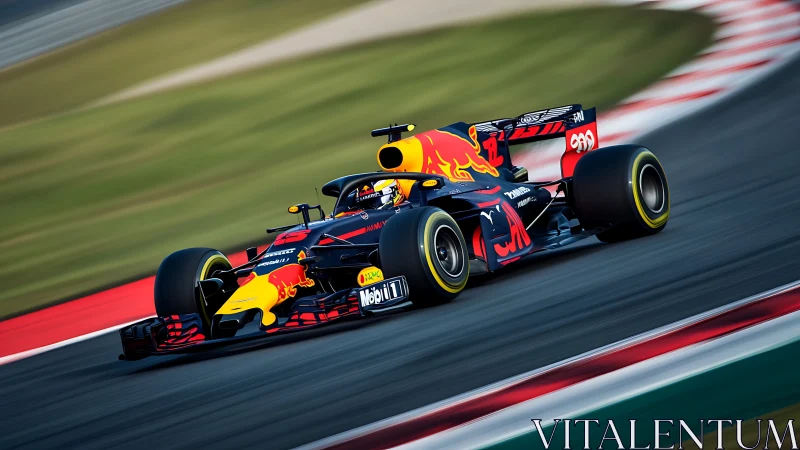 Scarlet torpedo F1 car knifes through a high-speed racetrack.