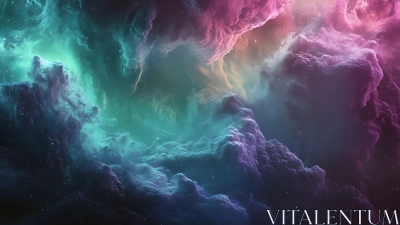 Cosmic nebula clouds in luminous teal and magenta swirl.