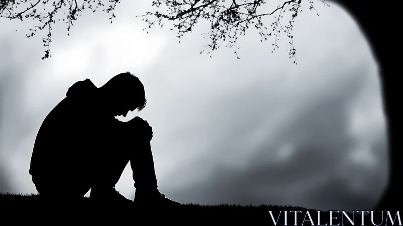 Silhouetted person seated under overcast sky in profile.