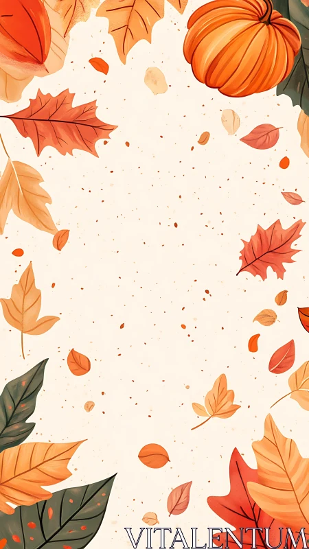 Vertical autumn leaves frame with pumpkin accents illustration.