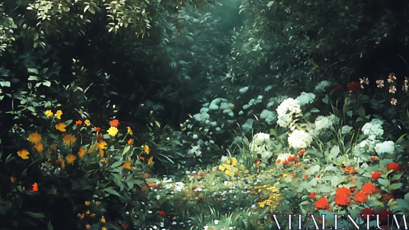 Sunlit garden path is bordered by dense mixed wildflowers