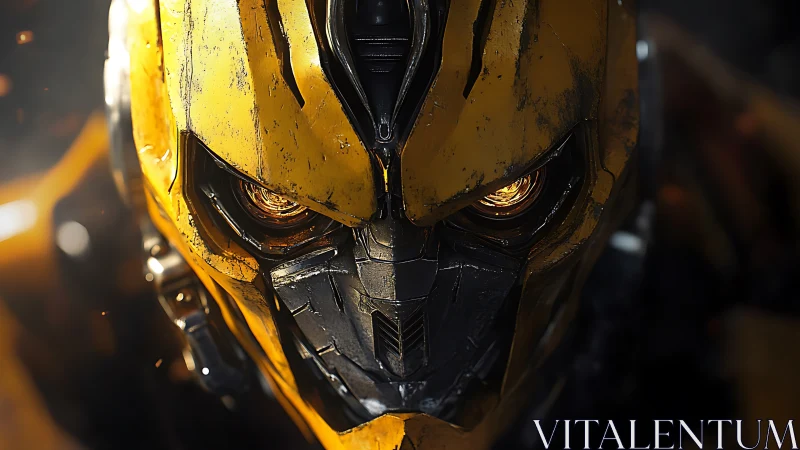 Cybernetic war mask close-up with distressed yellow plating.